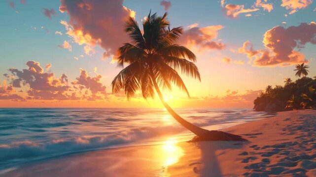 Tropical Beach Sunset with Palm Tree and Ocean Waves