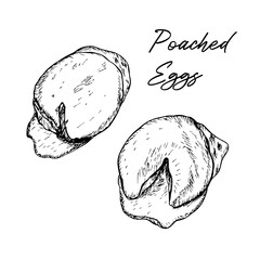 Poached eggs sketch drawing. Prepared eggs, breakfast meal, a way to cook eggs, doodle outline illustration. Hand-drawn vector line art, isolated on a white background