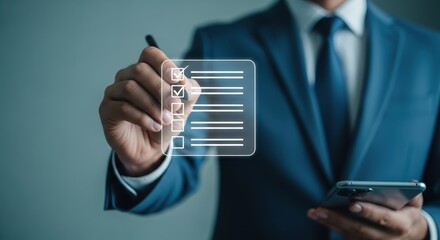 Businessman using checklist for task management, planning, and business organization