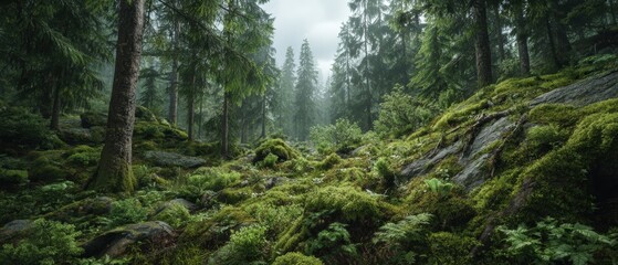 Lush green forest landscape featu tall trees moss-covered rocks dense foliage and misty atmosphere in a pristine natural setting