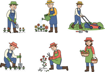 PrintGardening People Flat Vector Illustration Set: Gardeners with Trowel, Mower, and Flowers for Outdoor Hobby, Farming, and Plant Care.