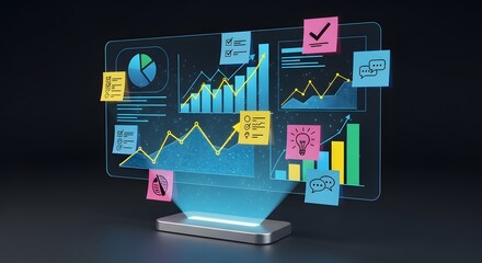 holographic team collaboration board with charts and sticky notes, business productivity technology, ultra sharp design