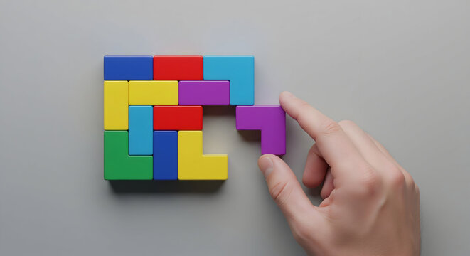 Hand placing final colorful puzzle piece, completing logic challenge