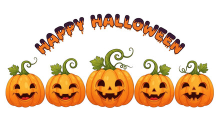 Smiling pumpkins with Happy Halloween text isolated on transparent background