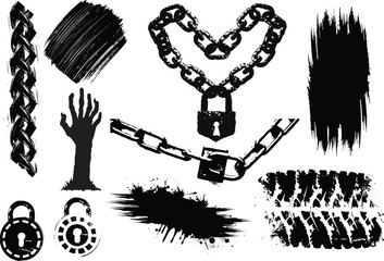Grunge broken Chain, Lock, brush, horror hand, slash vector illustration symbol of freedom and resistance For urban art design
