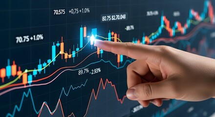 A hand touches a financial chart, highlighting data and trends on a screen, symbolizing investment and analysis.