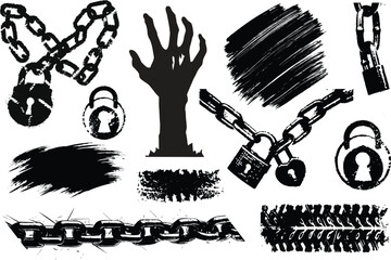 broken Chain, Lock, brush, horror hand, slash vector illustration symbol of freedom and resistance For urban art design
