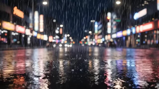 Captivating night scene on a city street under heavy rainfall with vibrant neon reflections shimmering on the wet pavement and buildings visible