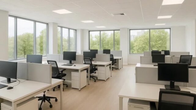 Empty modern computer lab or office with rows of desks, desktop computers, swivel chairs, and large windows.