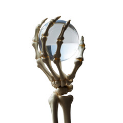 Skeletal hand holding a crystal ball on black on transparent background