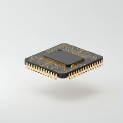 Computer Chip Isolated on White Background with Golden Pins