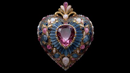 Ornate heart-shaped pendant, detailed with gemstones and enamel