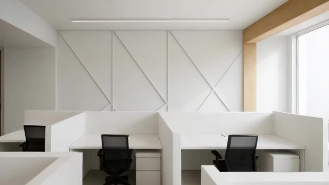 Bright, minimalist office with white cubicles, black chairs, and large windows letting in natural light.