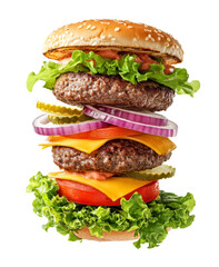 Delicious floating raw meat and Cheese hamburger with Fresh Toppings and vegetable
