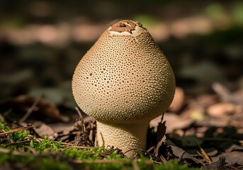 Solitary puffball mushroom thriving on the woodland floor ecosystem