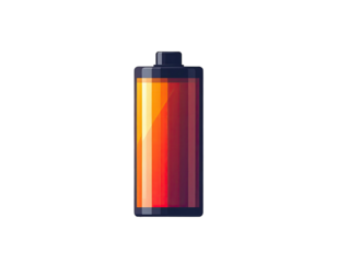 Stylized battery graphic, full, orange-red gradient, dark background