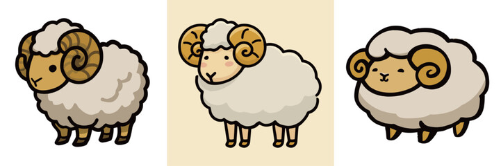 Obraz premium Three adorable cartoon sheep are shown, each with unique features and expressions. They have fluffy wool, large curled horns, and playful looks.