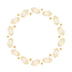 Golden crystals and stars circle frame. Design element for print, banner, poster, card, social media. Isolated vector illustration 