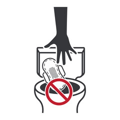 Isolated prohibition sign showing do not flush sanitary products down the toilet, hygiene instruction label for restroom, plumbing, and environment safety.