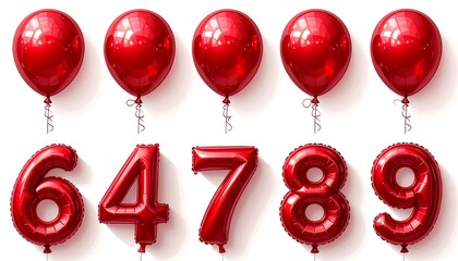 A set of red glossy metallic foil balloons shaped like numbers 6, 4, 7, 8, and 9, against a plain white background.