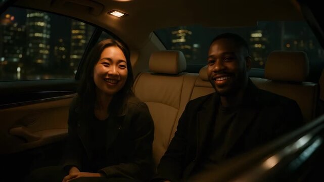 A man and a woman sit in the backseat of a car at night, smiling with city lights visible outside.
