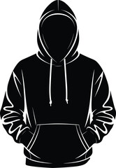 Hoodie silhouette with hood up, faceless person in sweatshirt illustration, black fashion design vector, casual wear clothing street style.