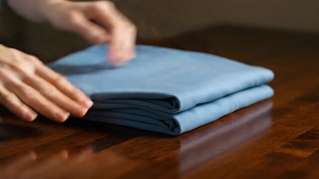 Hands folding blue fabric