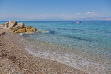 Blue, calm mediterranean sea at gulf of Corinth, Peloponnes, Greece