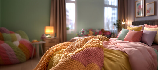 Creative interior concept. A playful warm cozy bedroom with vibrant colourful pastel pillow blanket setting and sunlight through window. Template for product presentation. Mock up long banner	
