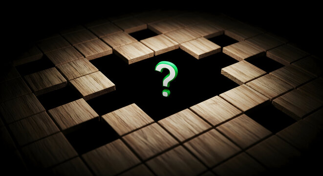 Green question mark emerges from missing wooden puzzle pieces mystery