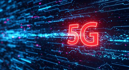 Abstract digital rendering of 5G technology with glowing red text against a blue circuit board background, showcasing connectivity and modern technology.