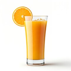 Refreshing glass of orange juice with ice and a slice on a bright white background studio shot