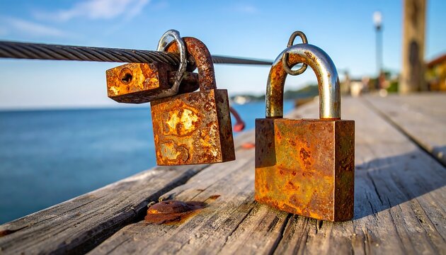 Two rusty padlocks hang from a cable over a wooden pier, overlooking the tranquil ocean. - Powered by Adobe