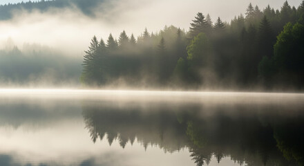 Fototapeta premium Serene Lake with Misty Forest Background Blur