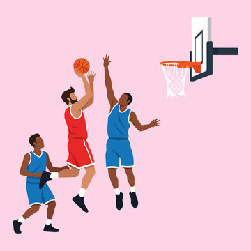 Flat design vector illustration of people playing basketball