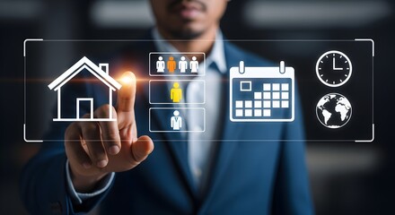 Man in a suit interacts with a digital interface displaying icons for home, people, calendar, clock, and globe, representing real estate and scheduling.