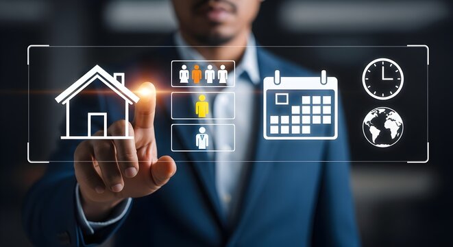 Man in a suit interacts with a digital interface displaying icons for home, people, calendar, clock, and globe, representing real estate and scheduling.