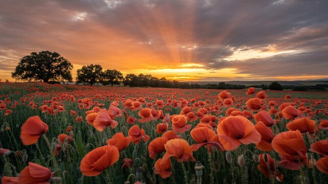 Stunning poppy field at sunset with vibrant red flowers and golden light creates a peaceful landscape