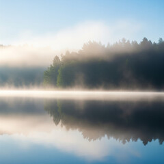 Fototapeta premium Serene Lake with Misty Forest Background Blur