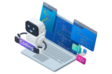 Isometric concept of AI coding assistant helping programmer write and optimize code. Artificial intelligence in software development. Creation digital Software mobile, desktop platforms