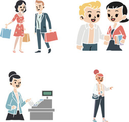 
Shopping characters illustrations, people at a mall, a couple shopping, a customer paying and a girl with a bag, a vector set.