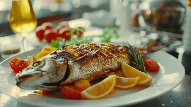 Food photo, Grilled fish with lemon and vegetables, Commercial advertising Promotion. 