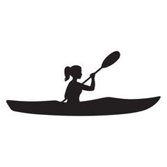 Black Silhouette of Kayaker Paddling a Kayak on White Background