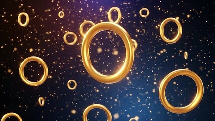 Golden rings float amidst sparkling particles on a dark blue background, creating a luxurious and magical abstract display.