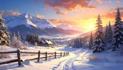 Winter wonderland sunrise over snow-capped peaks