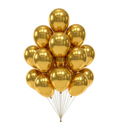 A cluster of shiny golden balloons arranged in a festive bouquet isolated on transparent background