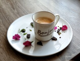 Cup of coffee. Morning coffee in bed. Bonjour.