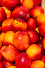 Brightly colored nectarines at the market. A vertical photo of the juicy, fresh fruit