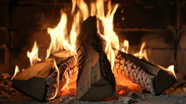 Cozy Fireplace Ambiance Video: Warm Flames and Crackling Wood for Relaxation, Background, or Holiday Theme, Creating a Welcoming and Comfortable
