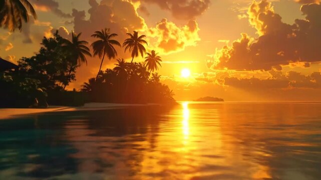 Tropical Island Sunset: Palm Trees, Golden Light, Ocean Reflections, Paradise